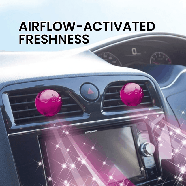 Car air freshener with 'AIRFLOW-ACTIVATED FRESHNESS' text on a blue background