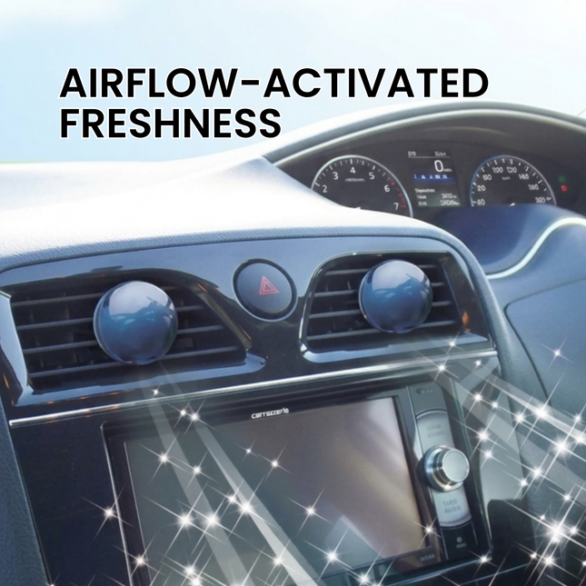 Car interior with air vents and dashboard, highlighting 'Airflow-Activated Freshness' text.