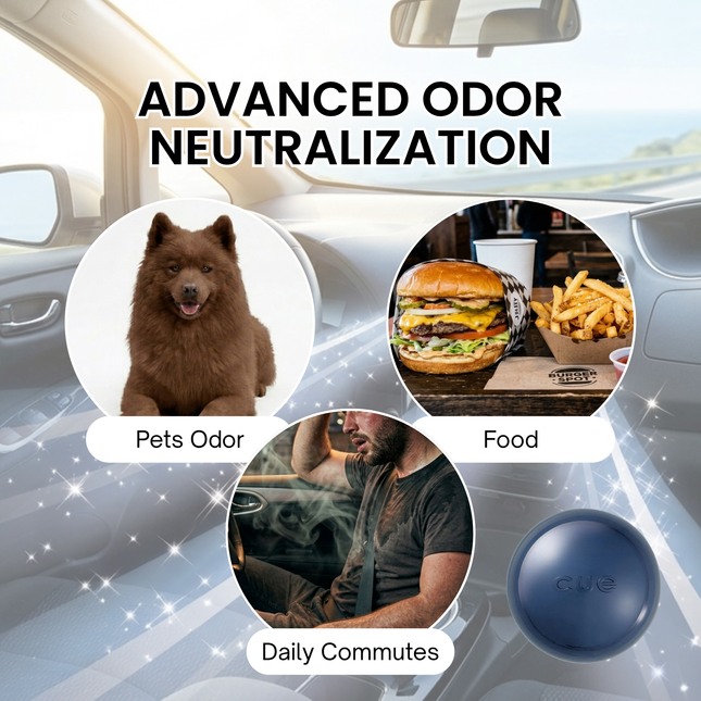 Car interior with 'Advanced Odor Neutralization' product, showing effectiveness on pets, food, and daily commutes.