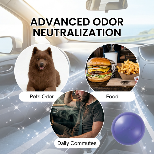 Advertisement for advanced odor neutralization product with a car interior background.