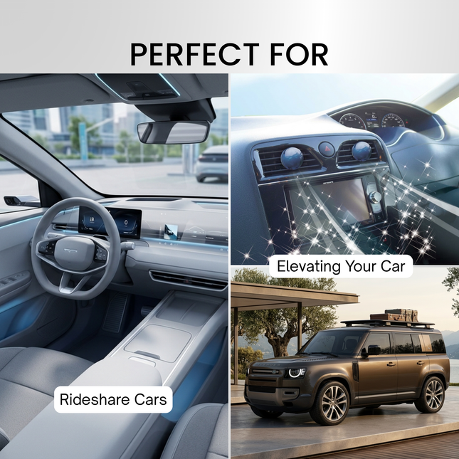 Car interior, dashboard, and exterior with text 'Perfect for Rideshare Cars Elevating Your Car'.