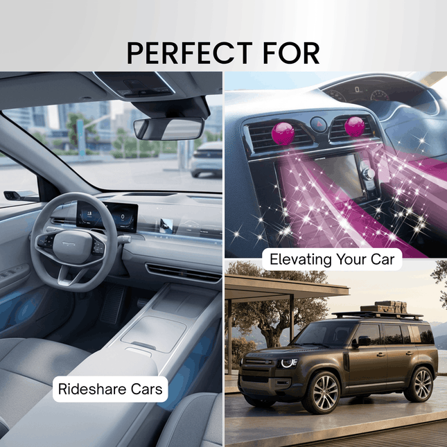 Collage of car interior, dashboard, and exterior with text 'Perfect for Rideshare Cars' and 'Elevating Your Car'.