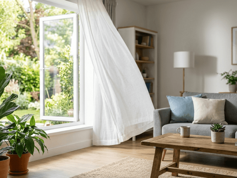 Living room with a large window, gray sofa, wooden coffee table, and plants.