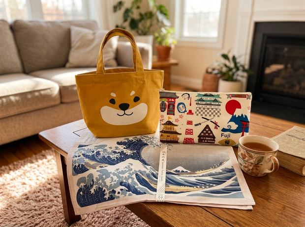 Yellow bag with a bear design on a wooden table in a living room.