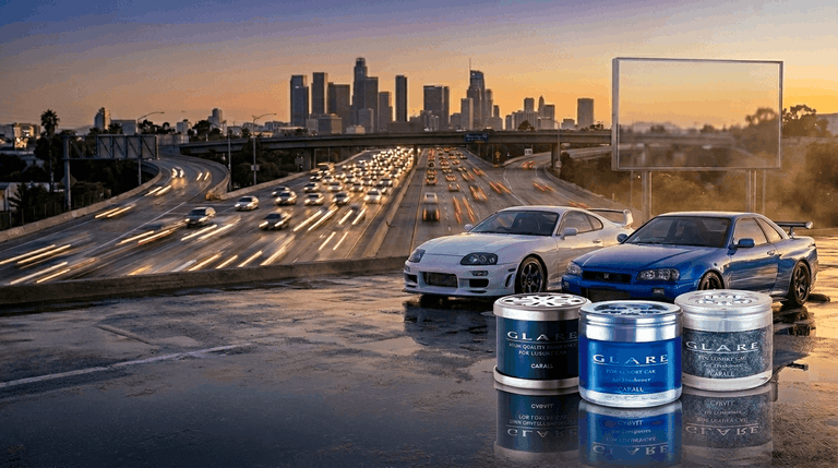 Two cars on a rooftop with a city skyline and highway in the background, featuring GLAD oil products.