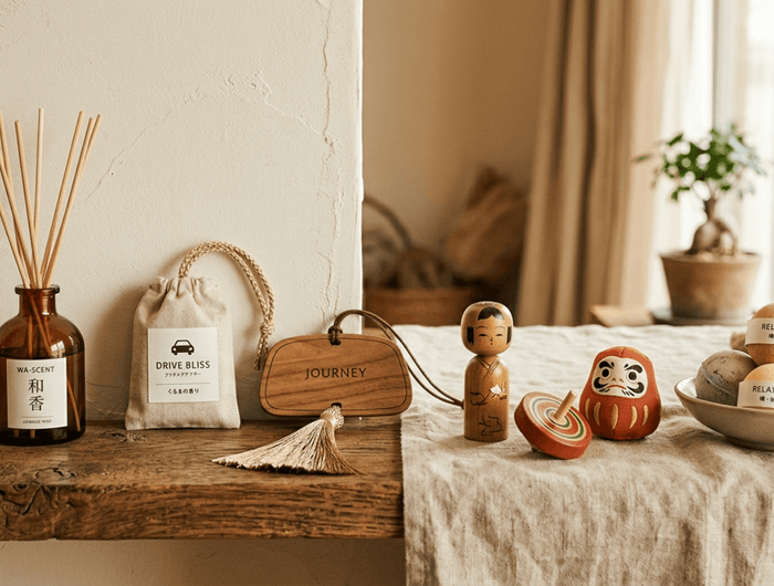 Decorative items on a wooden shelf and table in a home setting