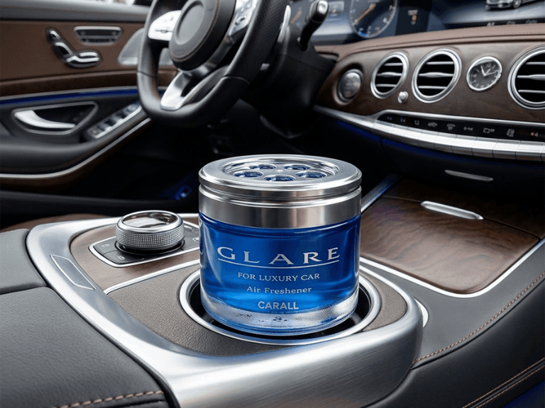 Car air freshener jar labeled 'GLARE' on a car console.