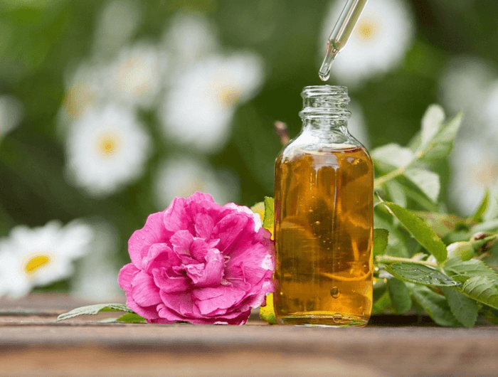 Glass bottle of oil with a dropper and pink flower on a wooden surface with a blurred natural background