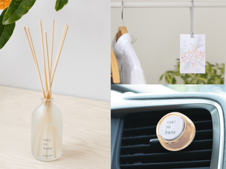 Diffuser with wooden sticks and a car air freshener on a car dashboard.