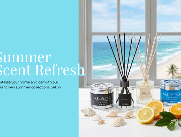 Home fragrance products with a scenic ocean view through a window.