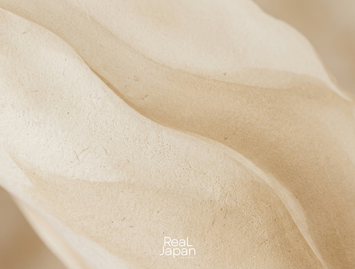 Close-up of beige fabric with 'Real Japan' branding.